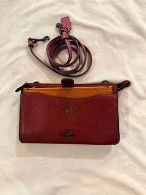 Coach Two-Tone Pebbled Leather Crossbody in Burgundy and Orange